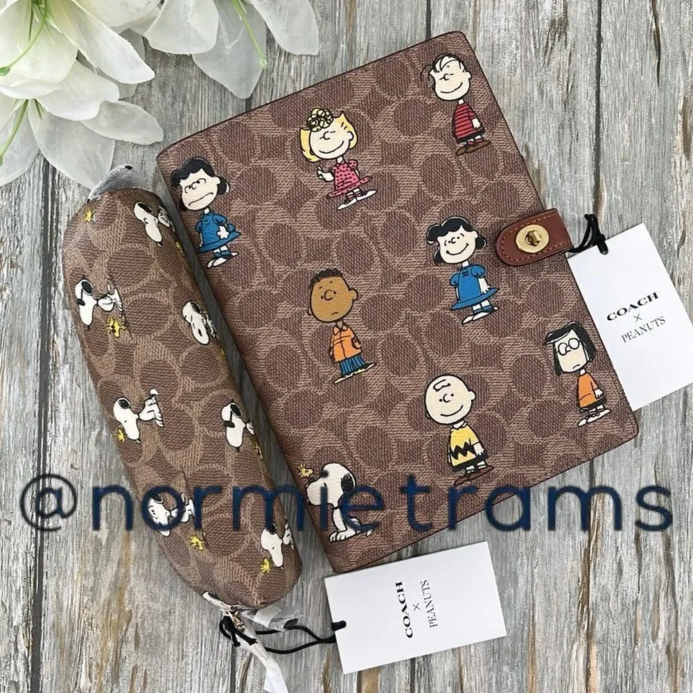 Coach X Peanuts Notebook & Snoopy Pencil Case In Signature Canvas Bag Purse